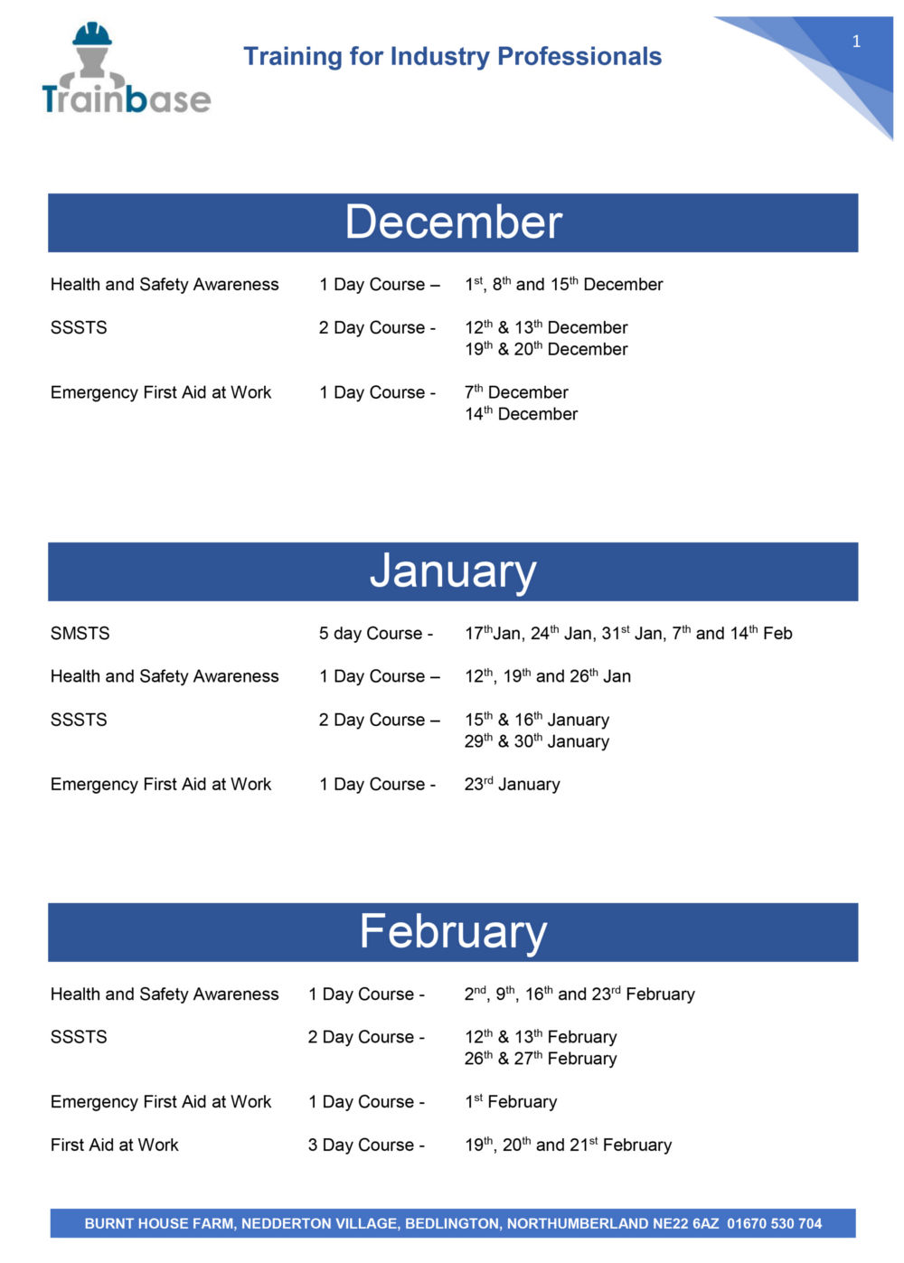 Dec 17 Jan and Feb 18 Course Dates Trainbase